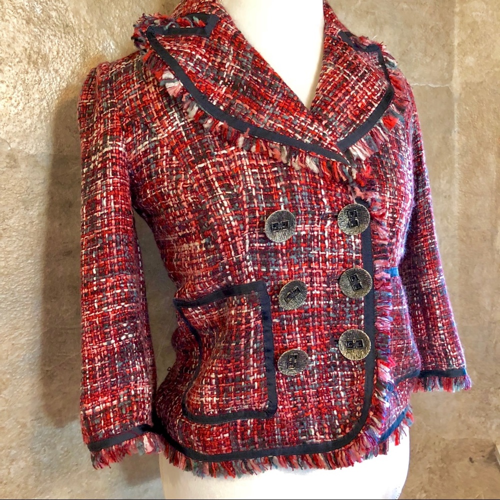 1990s XOXO Red Plaid Button Fringe Peacoat